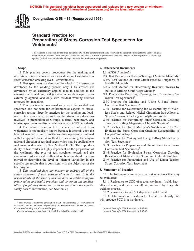 ASTM G58-85(1999) - Standard Practice for Preparation of Stress-Corrosion Test Specimens for Weldments