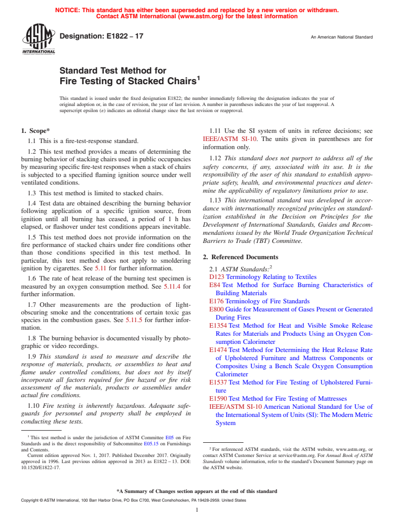 ASTM E1822-17 - Standard Test Method for Fire Testing of Stacked Chairs