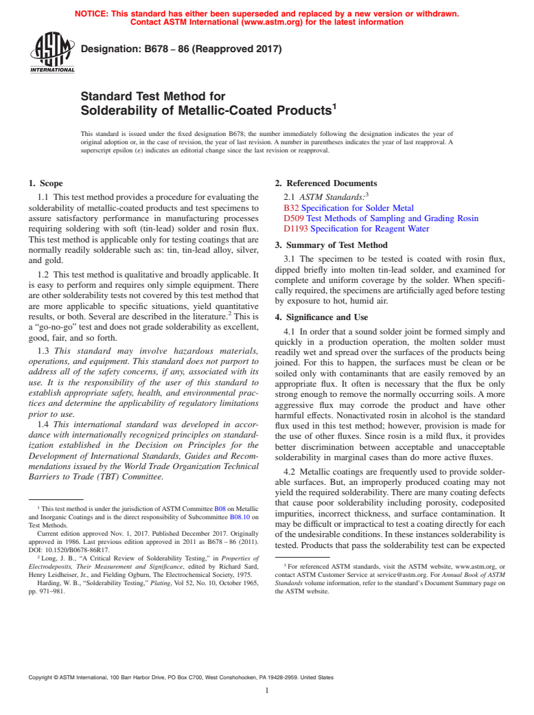 ASTM B678-86(2017) - Standard Test Method for  Solderability of Metallic-Coated Products