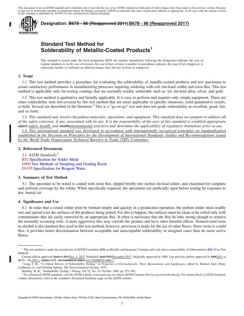 REDLINE ASTM B678-86(2017) - Standard Test Method for  Solderability of Metallic-Coated Products