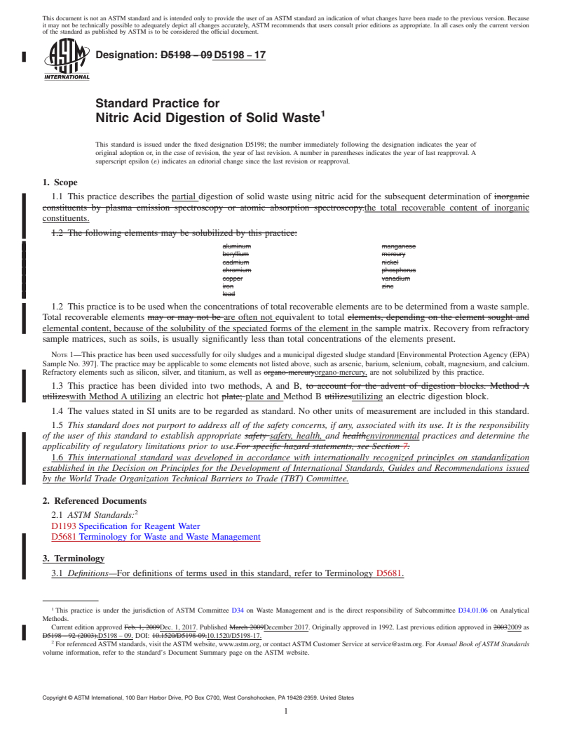 REDLINE ASTM D5198-17 - Standard Practice for  Nitric Acid Digestion of Solid Waste