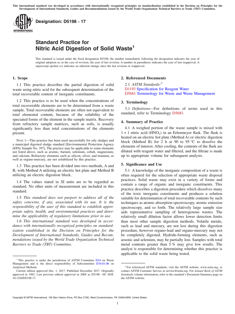ASTM D5198-17 - Standard Practice for  Nitric Acid Digestion of Solid Waste