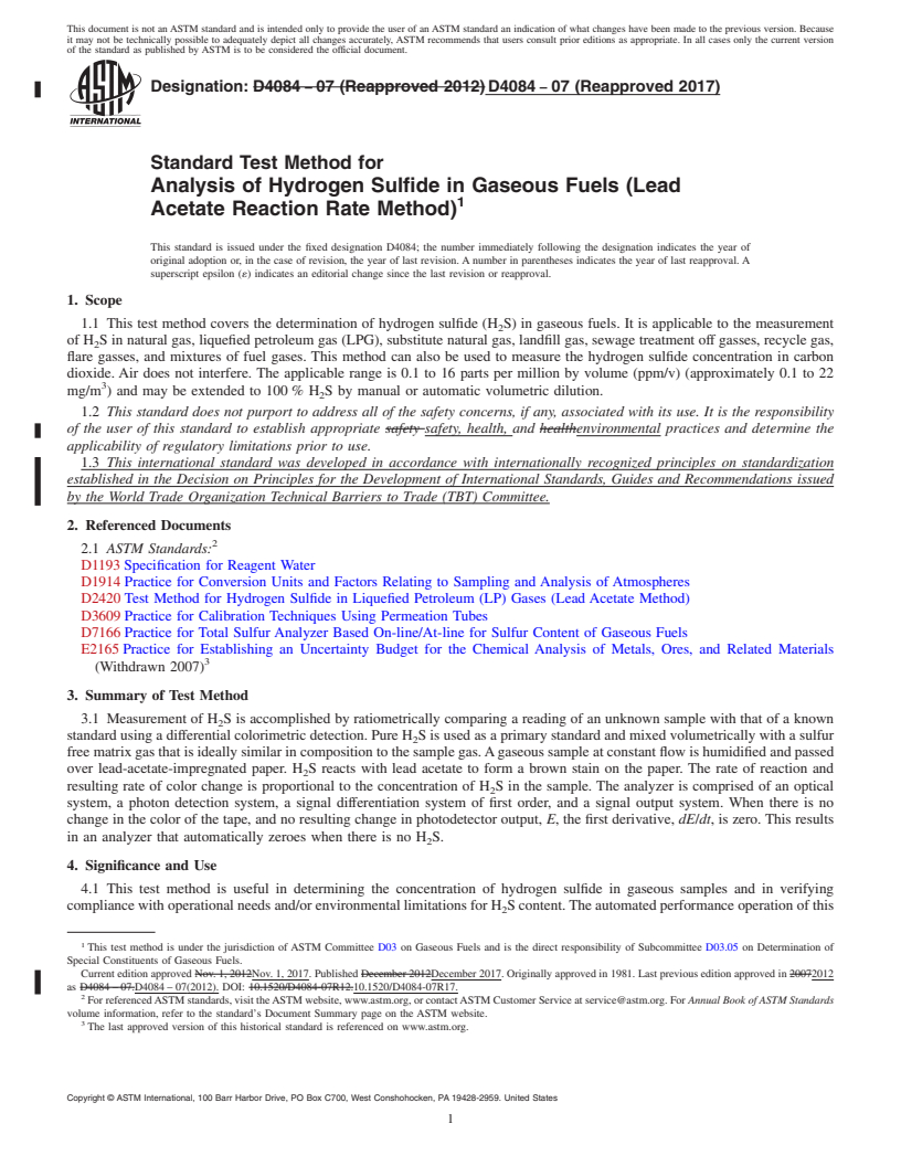 REDLINE ASTM D4084-07(2017) - Standard Test Method for  Analysis of Hydrogen Sulfide in Gaseous Fuels (Lead Acetate  Reaction Rate Method)