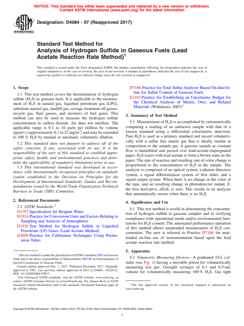 ASTM D4084-07(2017) - Standard Test Method for  Analysis of Hydrogen Sulfide in Gaseous Fuels (Lead Acetate  Reaction Rate Method)