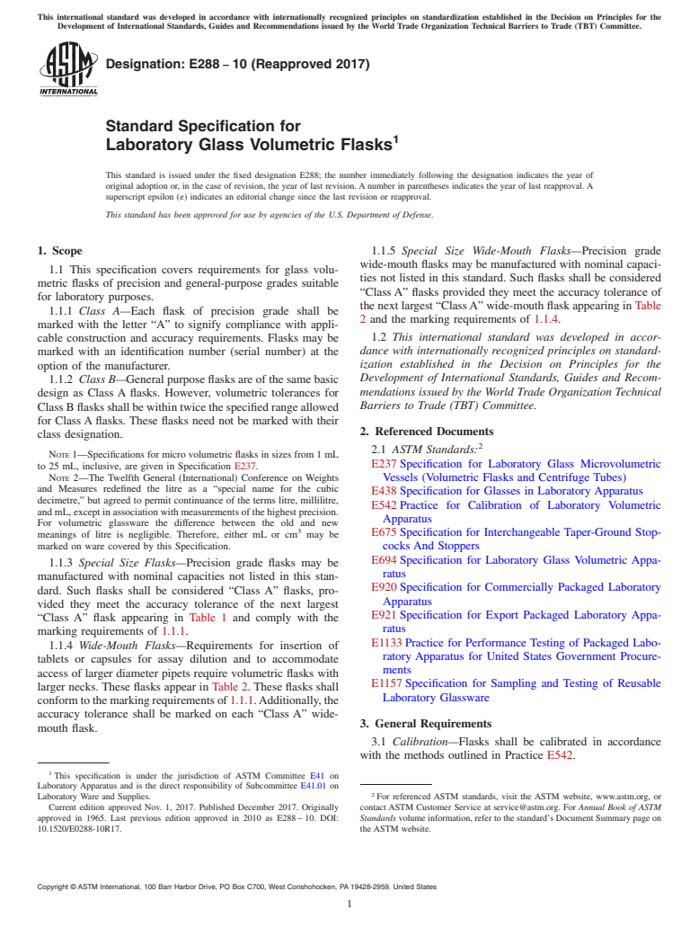 ASTM E288-10(2017) - Standard Specification for  Laboratory Glass Volumetric Flasks