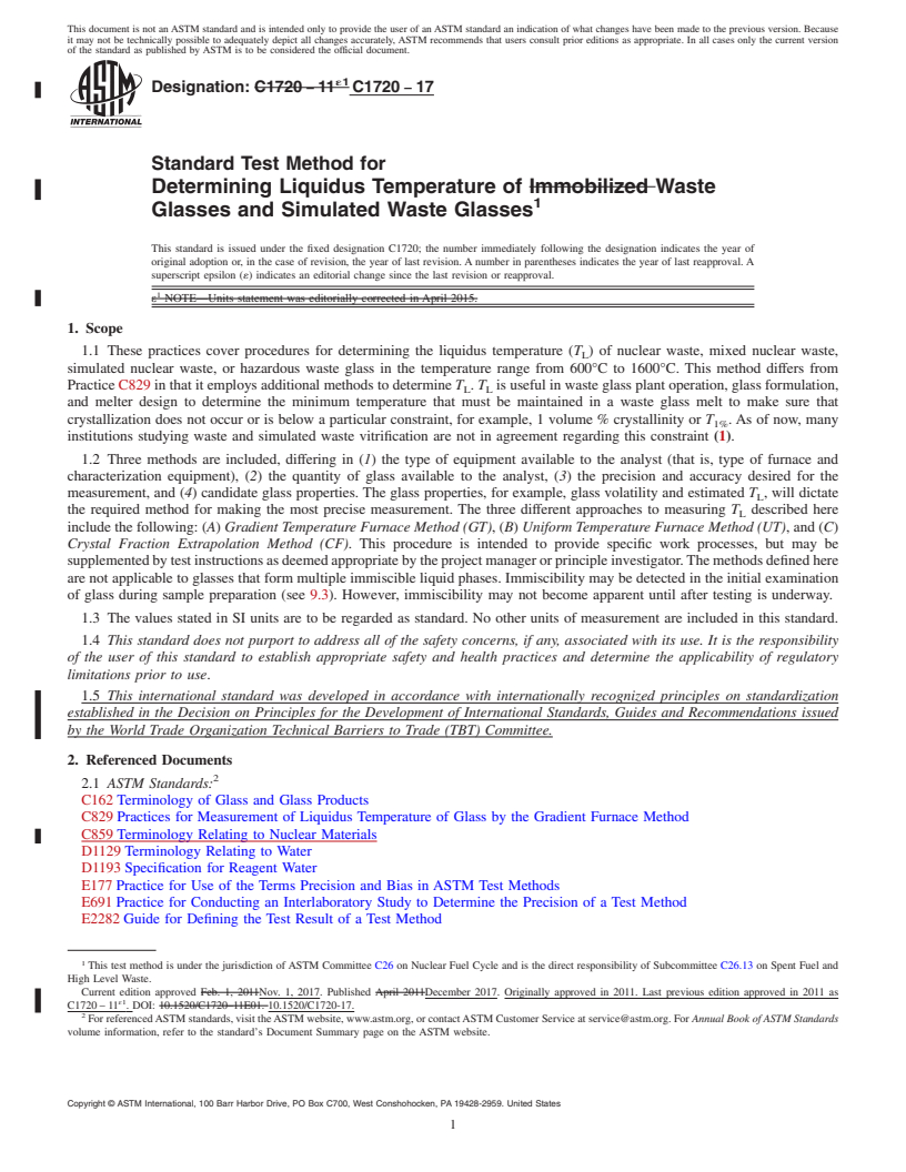 REDLINE ASTM C1720-17 - Standard Test Method for  Determining Liquidus Temperature of Waste Glasses and Simulated  Waste Glasses