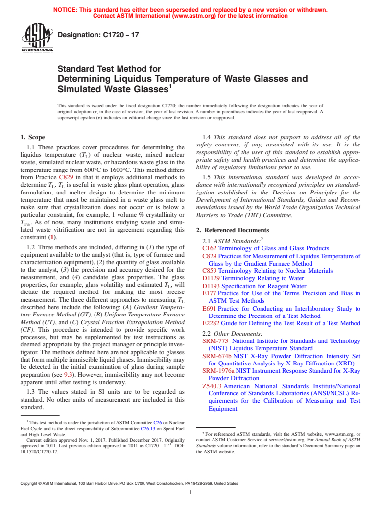 ASTM C1720-17 - Standard Test Method for  Determining Liquidus Temperature of Waste Glasses and Simulated  Waste Glasses