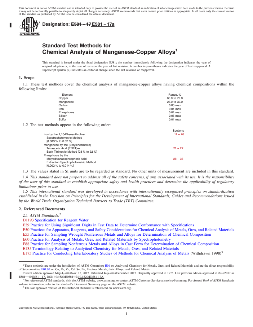 REDLINE ASTM E581-17a - Standard Test Methods for  Chemical Analysis of Manganese-Copper Alloys