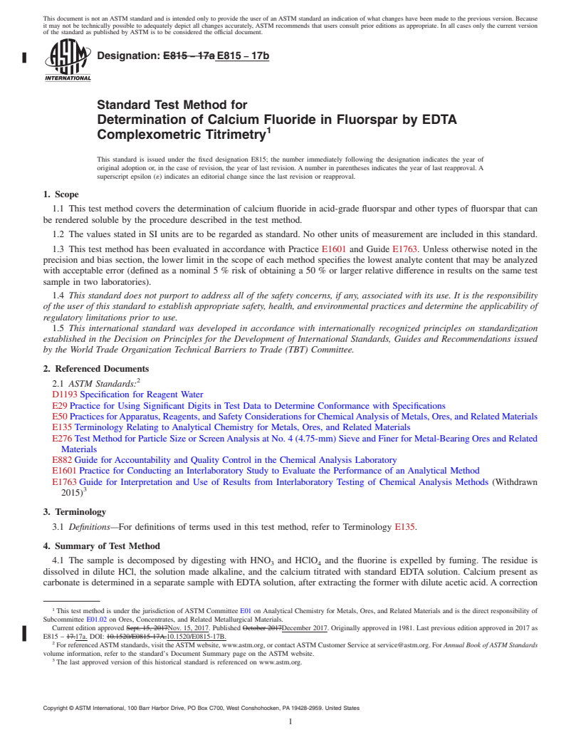 REDLINE ASTM E815-17b - Standard Test Method for  Determination of Calcium Fluoride in Fluorspar by EDTA Complexometric  Titrimetry