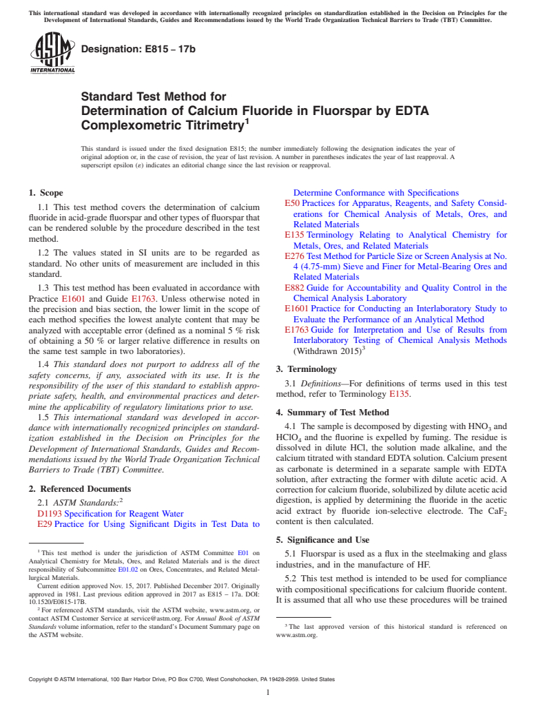 ASTM E815-17b - Standard Test Method for  Determination of Calcium Fluoride in Fluorspar by EDTA Complexometric  Titrimetry