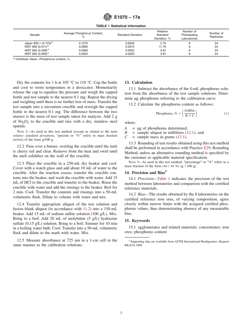 ASTM E1070-17a - Standard Test Method for  Determination of Phosphorus in Iron Ores by Phospho-Molybdenum-Blue  Spectrophotometry