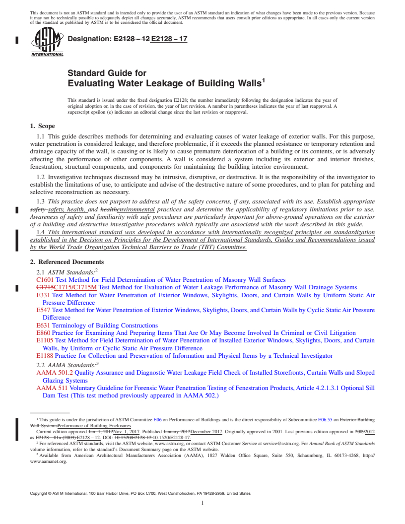 REDLINE ASTM E2128-17 - Standard Guide for Evaluating Water Leakage of Building Walls