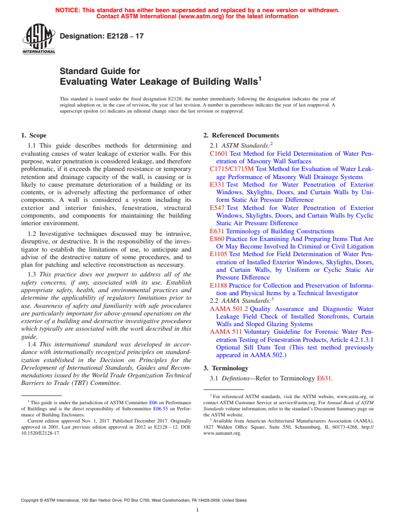 ASTM E2128-17 - Standard Guide for Evaluating Water Leakage of Building Walls