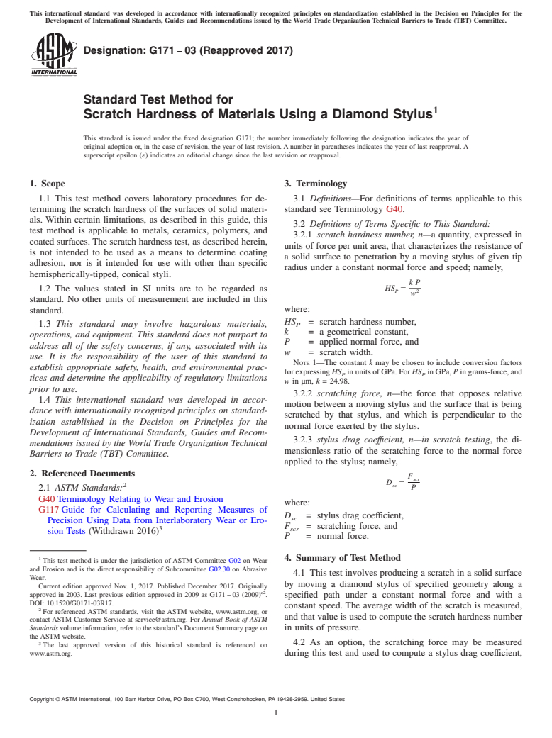 ASTM G171-03(2017) - Standard Test Method for  Scratch Hardness of Materials Using a Diamond Stylus