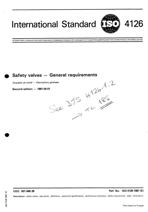 ISO 4126:1981 - Safety valves -- General requirements