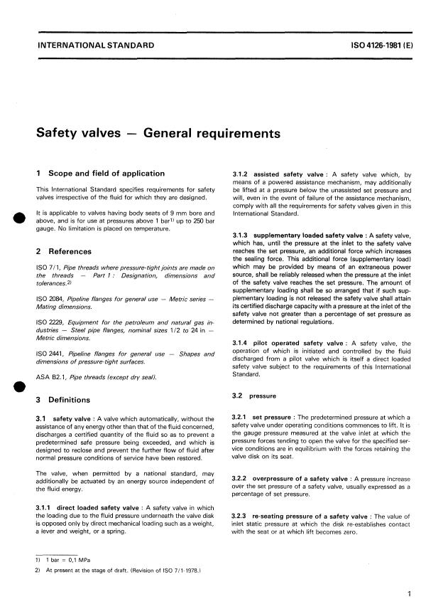 ISO 4126:1981 - Safety valves -- General requirements