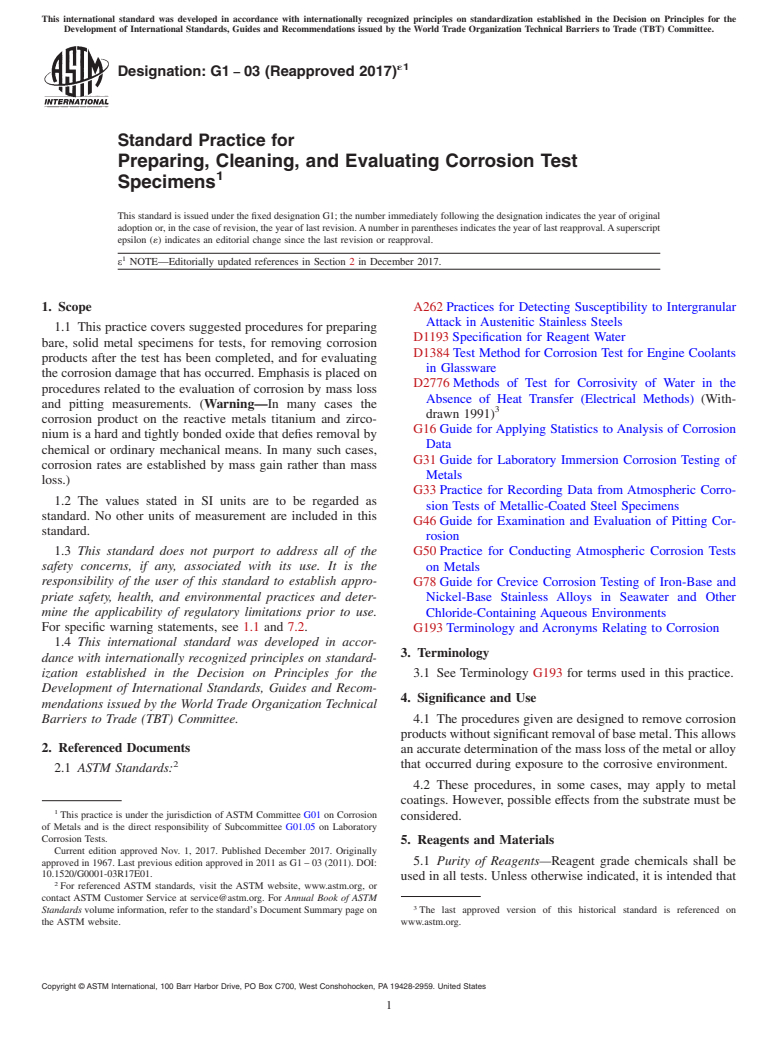 ASTM G1-03(2017)e1 - Standard Practice for  Preparing, Cleaning, and Evaluating Corrosion Test Specimens