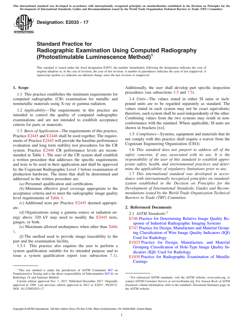 ASTM E2033-17 - Standard Practice for  Radiographic Examination Using Computed Radiography (Photostimulable  Luminescence Method)