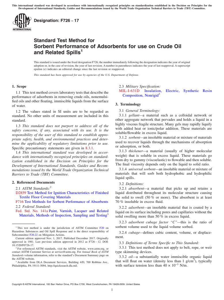 ASTM F726-17 - Standard Test Method for  Sorbent Performance of Adsorbents for use on Crude Oil and  Related Spills