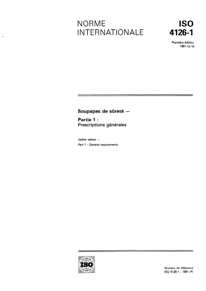 ISO 4126-1:1991 - Soupapes de sûreté — Partie 1: Prescriptions générales
Released:12/12/1991