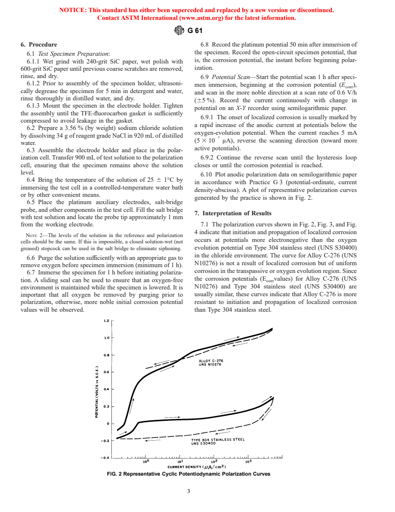 ASTM G61-86(1998) - Standard Test Method for Conducting Cyclic Potentiodynamic Polarization Measurements for Localized Corrosion Susceptibility of Iron-, Nickel-, or Cobalt-Based Alloys
