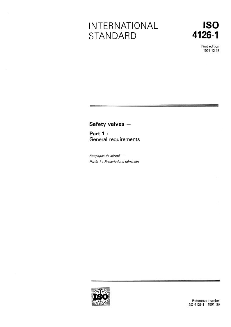 ISO 4126-1:1991 - Safety valves — Part 1: General requirements
Released:12/12/1991