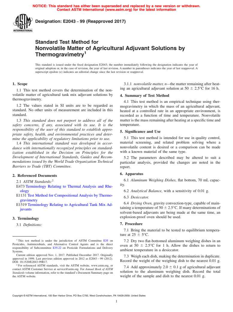 ASTM E2043-99(2017) - Standard Test Method for  Nonvolatile Matter of Agricultural Adjuvant Solutions by Thermogravimetry