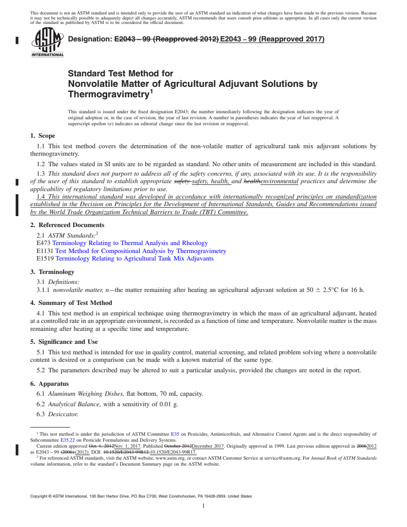 REDLINE ASTM E2043-99(2017) - Standard Test Method for  Nonvolatile Matter of Agricultural Adjuvant Solutions by Thermogravimetry