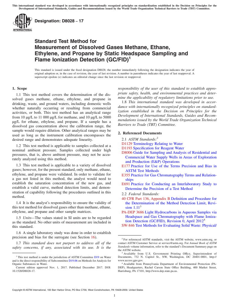 ASTM D8028-17 - Standard Test Method for Measurement of Dissolved Gases Methane, Ethane, Ethylene, and  Propane by Static Headspace Sampling and Flame Ionization Detection  (GC/FID)