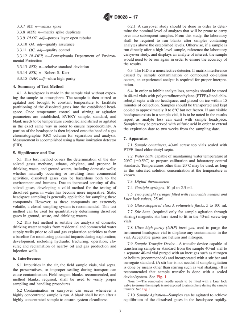 ASTM D8028-17 - Standard Test Method for Measurement of Dissolved Gases Methane, Ethane, Ethylene, and  Propane by Static Headspace Sampling and Flame Ionization Detection  (GC/FID)