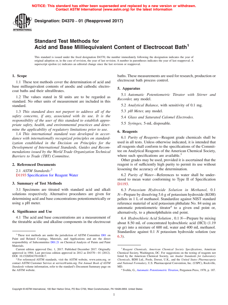 ASTM D4370-01(2017) - Standard Test Methods for Acid and Base Milliequivalent Content of Electrocoat Bath