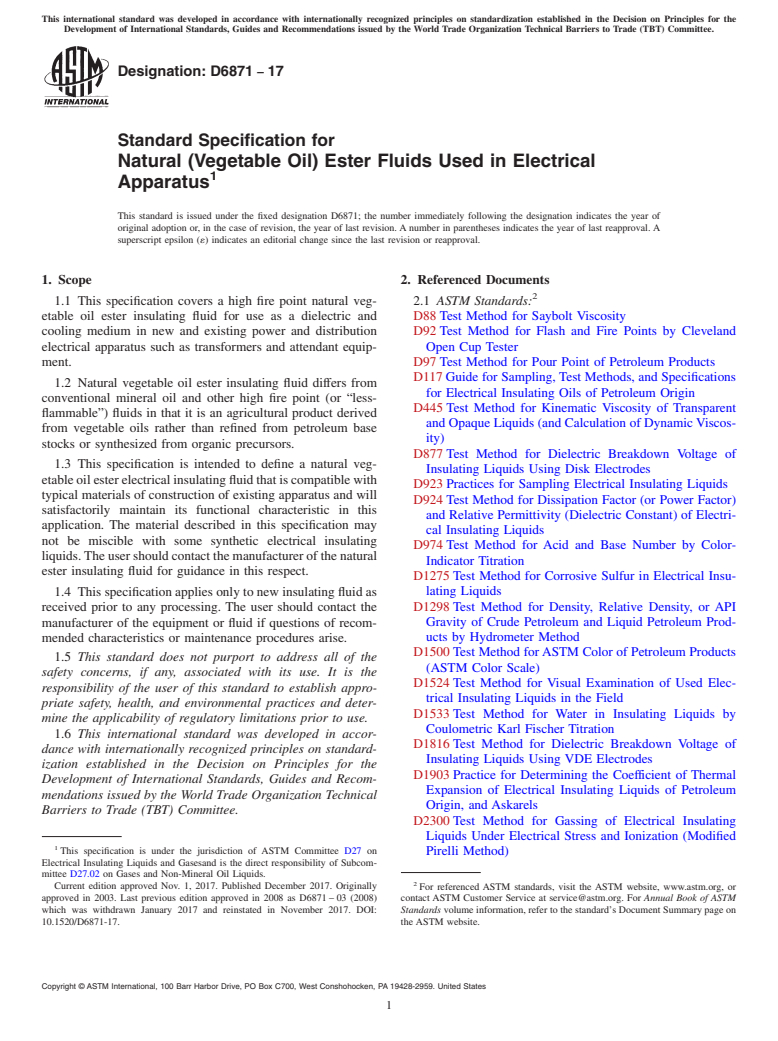 ASTM D6871-17 - Standard Specification for  Natural (Vegetable Oil) Ester Fluids Used in Electrical Apparatus