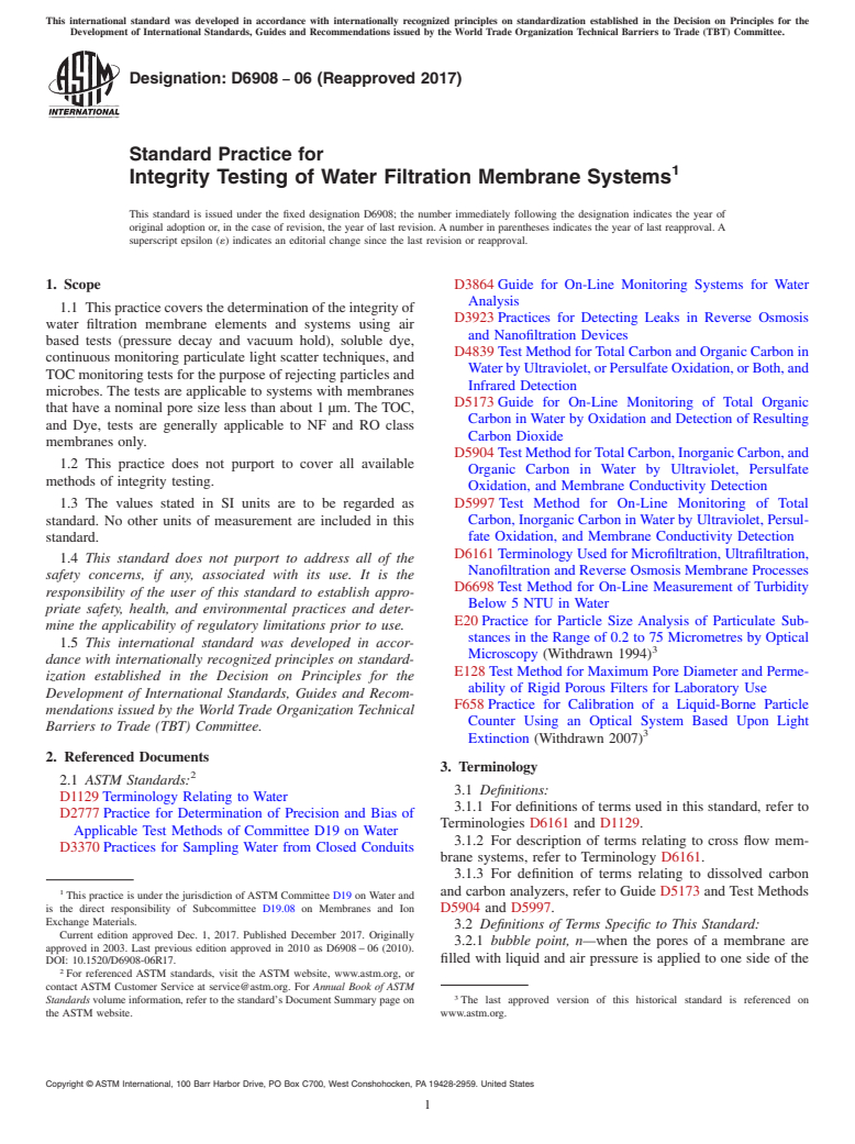 ASTM D6908-06(2017) - Standard Practice for  Integrity Testing of Water Filtration Membrane Systems