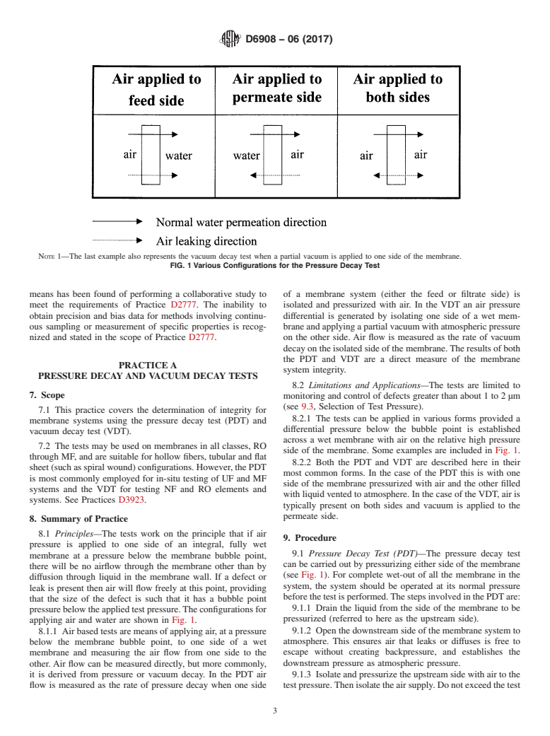 ASTM D6908-06(2017) - Standard Practice for  Integrity Testing of Water Filtration Membrane Systems