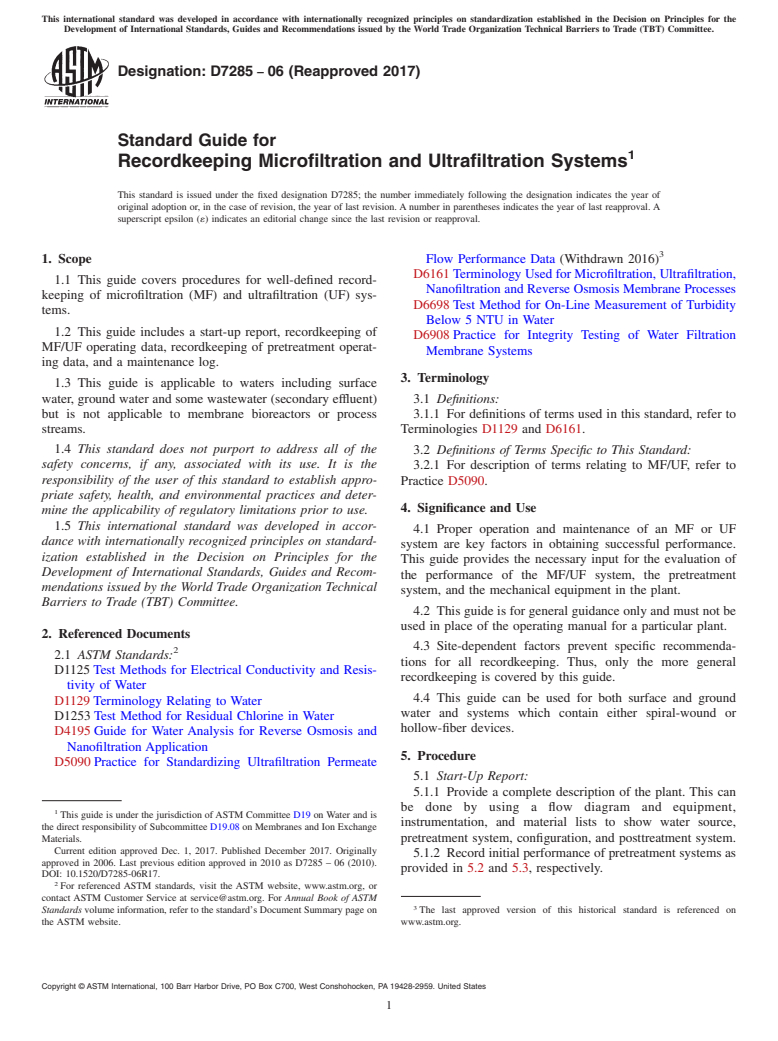 ASTM D7285-06(2017) - Standard Guide for  Recordkeeping Microfiltration and Ultrafiltration Systems