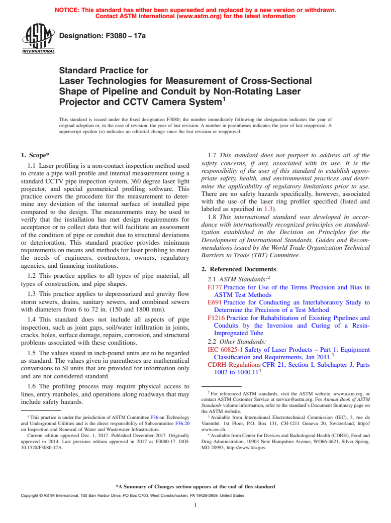 ASTM F3080-17a - Standard Practice for Laser Technologies for Measurement of Cross-Sectional Shape  of Pipeline and Conduit by Non-Rotating Laser Projector and CCTV Camera  System