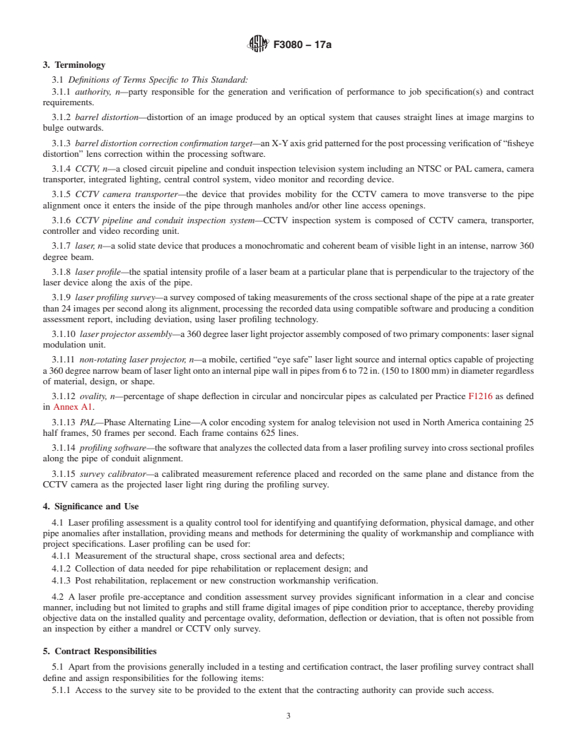 REDLINE ASTM F3080-17a - Standard Practice for Laser Technologies for Measurement of Cross-Sectional Shape  of Pipeline and Conduit by Non-Rotating Laser Projector and CCTV Camera  System