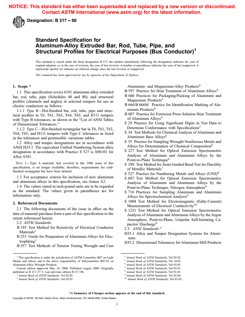 ASTM B317-00 - Standard Specification for Aluminum-Alloy Extruded Bar, Rod, Tube, Pipe, and Structural Profiles for Electrical Purposes (Bus Conductor)