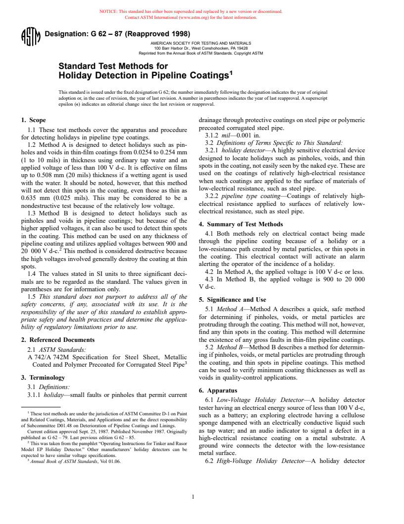 ASTM G62-87(1998) - Standard Test Methods for Holiday Detection in Pipeline Coatings