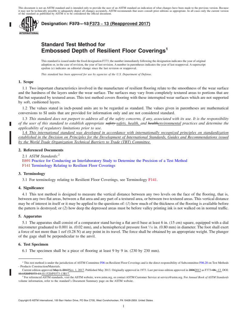 REDLINE ASTM F373-13(2017) - Standard Test Method for  Embossed Depth of Resilient Floor Coverings