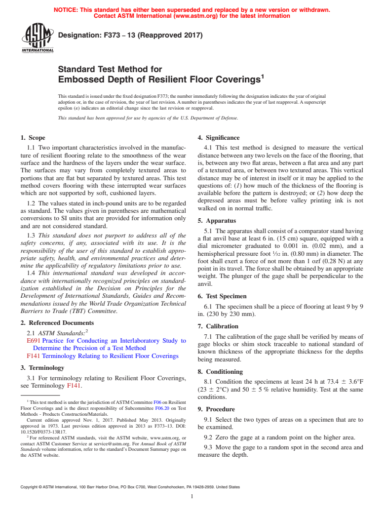 ASTM F373-13(2017) - Standard Test Method for  Embossed Depth of Resilient Floor Coverings