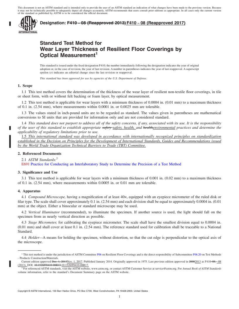 REDLINE ASTM F410-08(2017) - Standard Test Method for  Wear Layer Thickness of Resilient Floor Coverings by Optical  Measurement