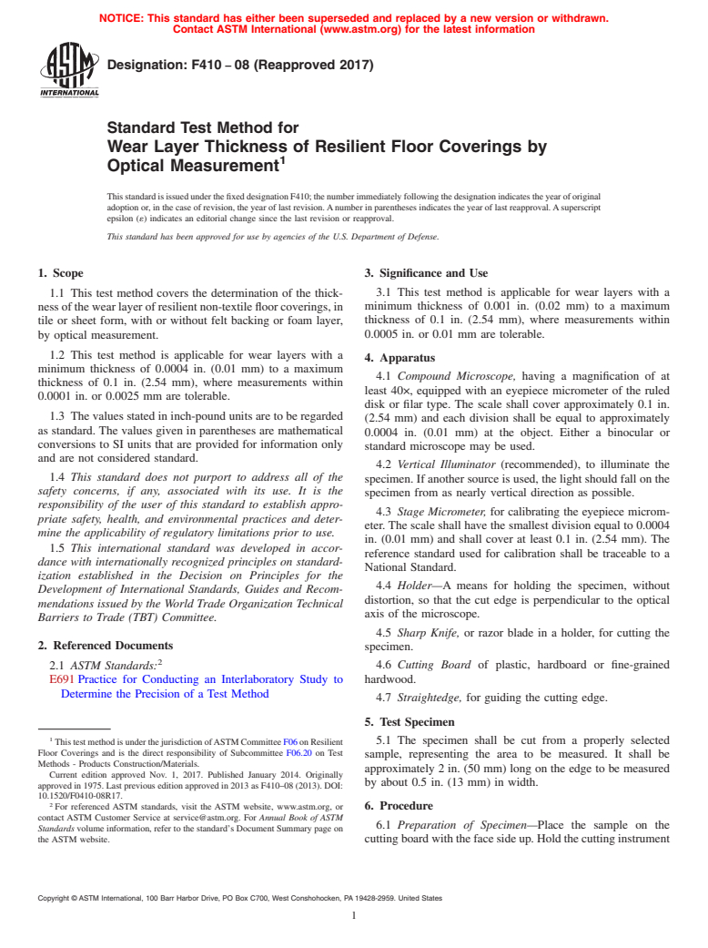 ASTM F410-08(2017) - Standard Test Method for  Wear Layer Thickness of Resilient Floor Coverings by Optical  Measurement