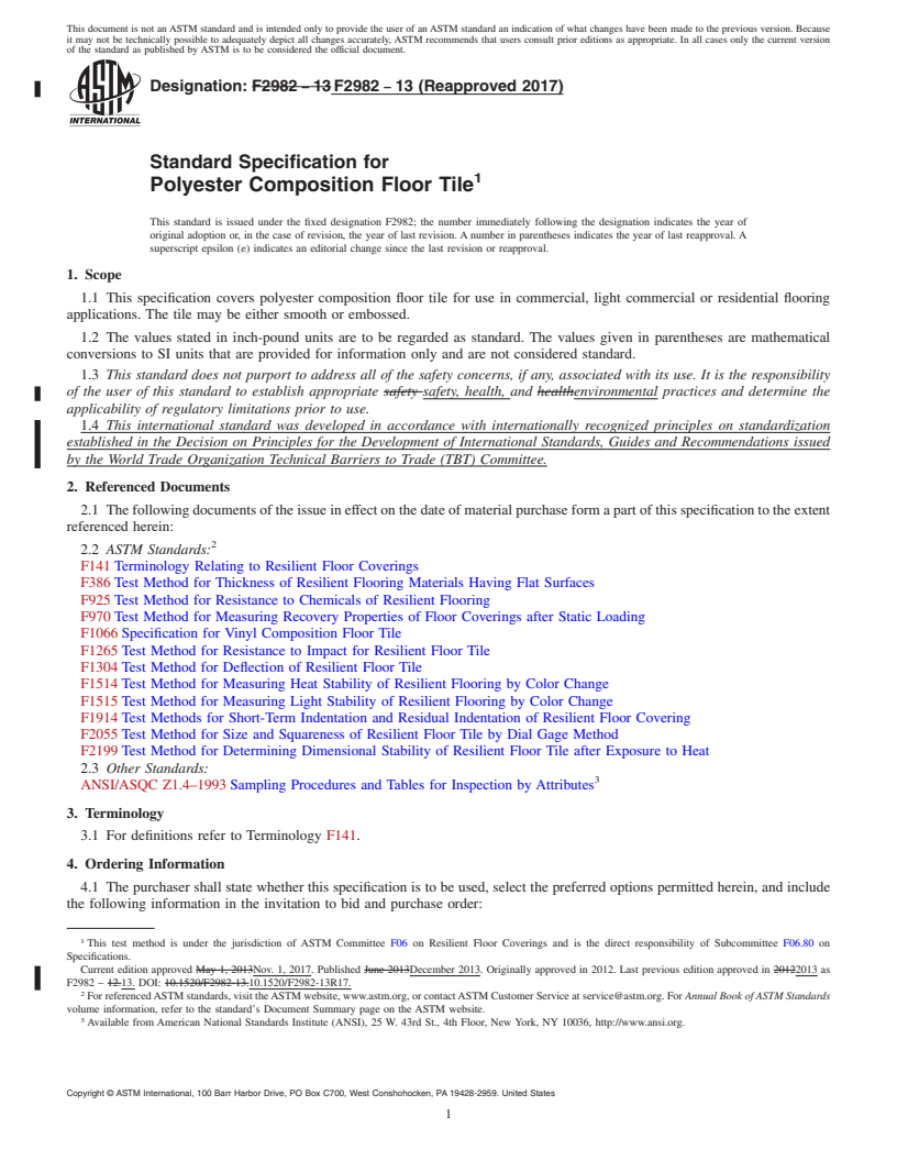 REDLINE ASTM F2982-13(2017) - Standard Specification for Polyester Composition Floor Tile