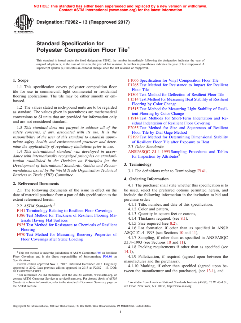 ASTM F2982-13(2017) - Standard Specification for Polyester Composition Floor Tile