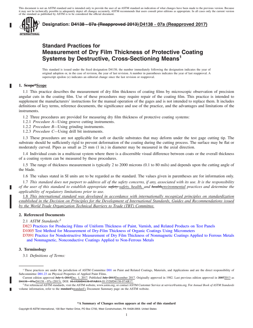 REDLINE ASTM D4138-07a(2017) - Standard Practices for Measurement of Dry Film Thickness of Protective Coating Systems  by        Destructive, Cross-Sectioning Means