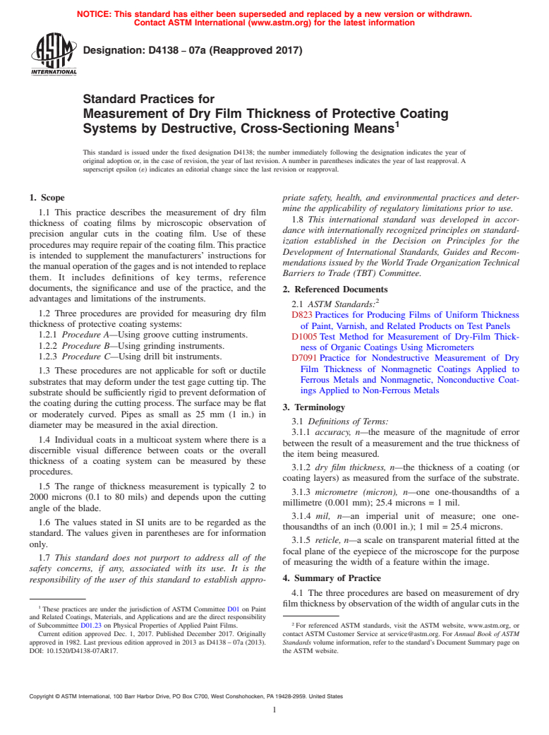 ASTM D4138-07a(2017) - Standard Practices for Measurement of Dry Film Thickness of Protective Coating Systems  by        Destructive, Cross-Sectioning Means