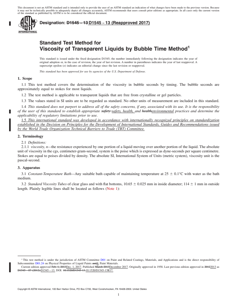 REDLINE ASTM D1545-13(2017) - Standard Test Method for Viscosity of Transparent Liquids by Bubble Time Method