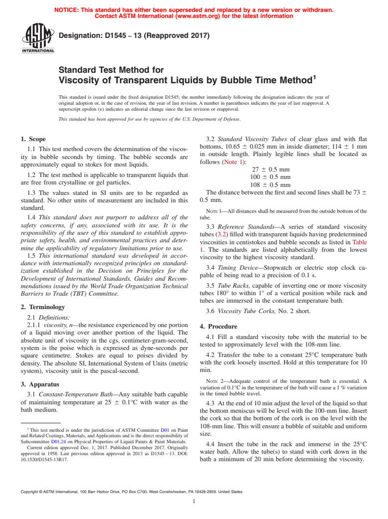 ASTM D1545-13(2017) - Standard Test Method for Viscosity of Transparent Liquids by Bubble Time Method