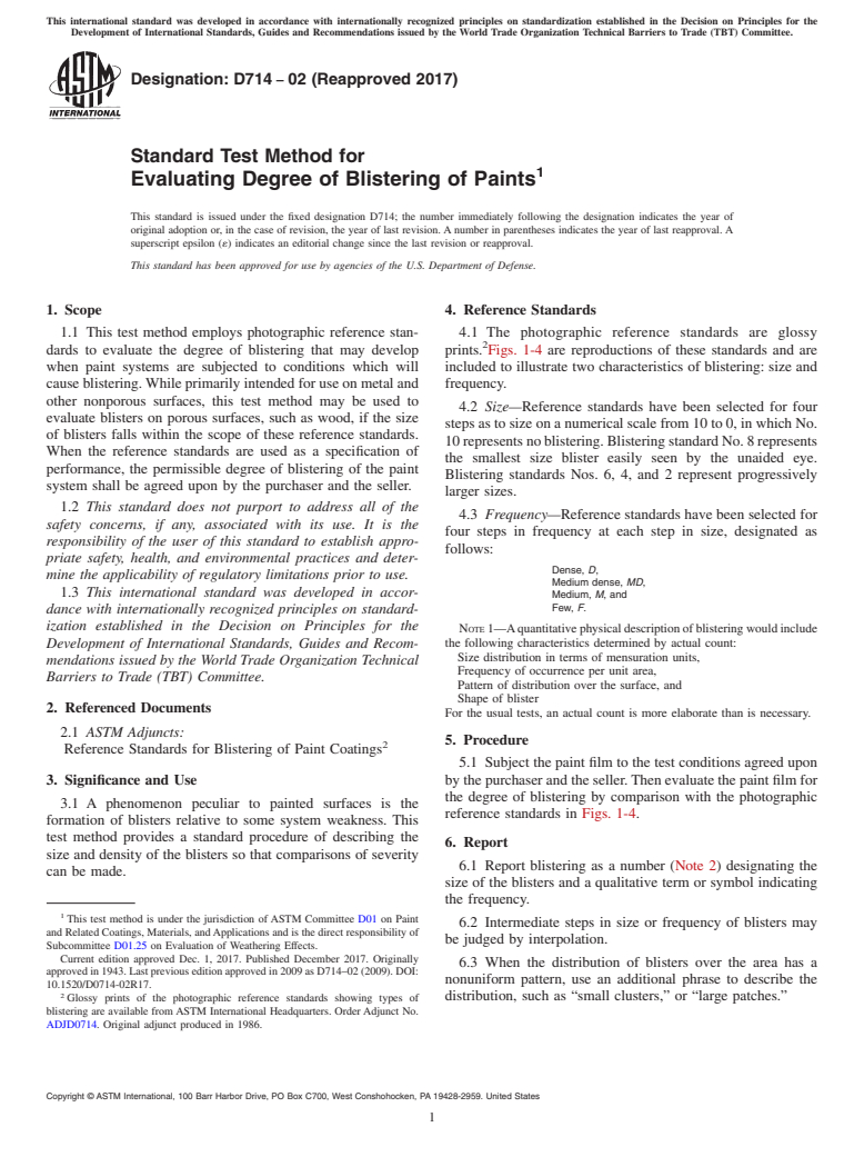 ASTM D714-02(2017) - Standard Test Method for Evaluating Degree of Blistering of Paints